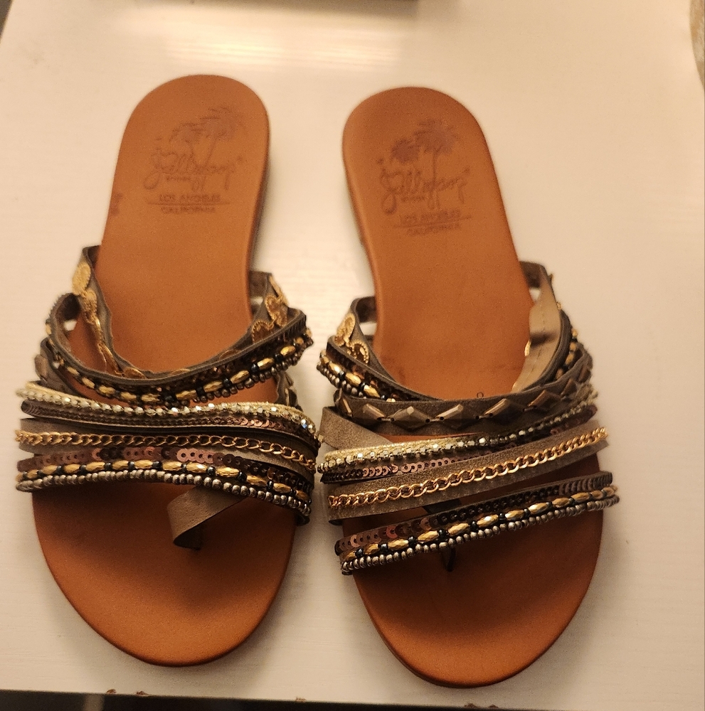 Jellypop Brown and Gold Multi-strap Embellished Slide Sandals